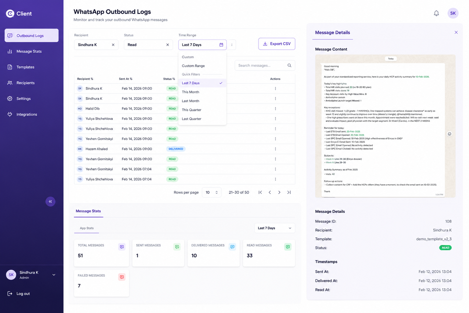 MSL Sales Intelligence App dashboard with WhatsApp outbound logs and message analytics